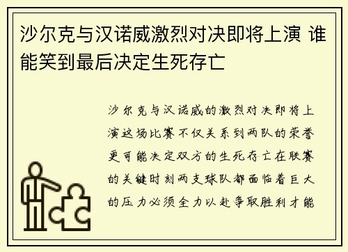 沙尔克与汉诺威激烈对决即将上演 谁能笑到最后决定生死存亡