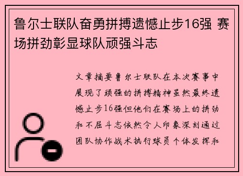鲁尔士联队奋勇拼搏遗憾止步16强 赛场拼劲彰显球队顽强斗志