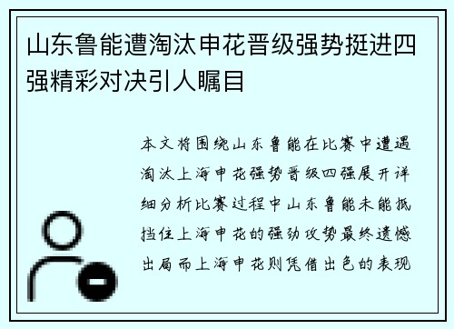 山东鲁能遭淘汰申花晋级强势挺进四强精彩对决引人瞩目