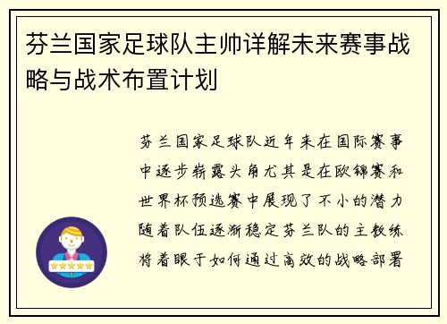 芬兰国家足球队主帅详解未来赛事战略与战术布置计划